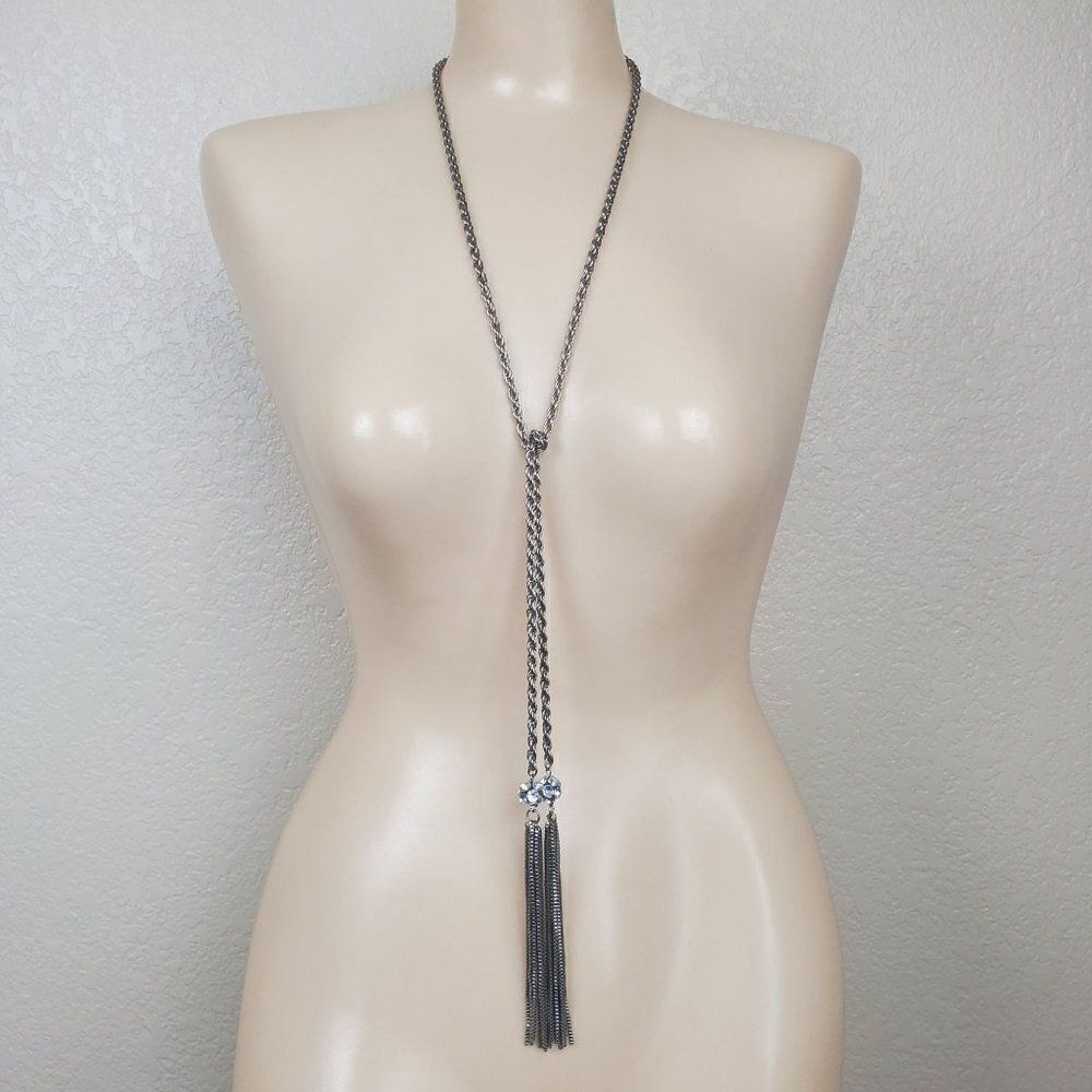 Vintage Silver Tone Rope Chain Box Tassel Round Clear Ball Lariat Opera Necklace - Picture 11 of 11